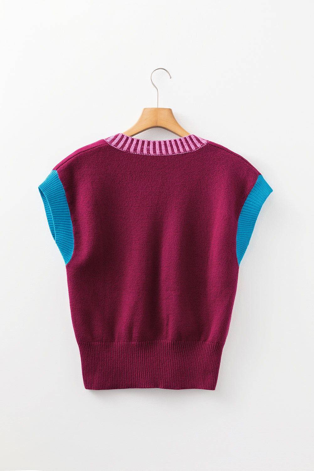 Burgundy Contrast Trim V-Neck Cuffed Short Sleeve Loose Sweater