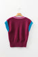 Burgundy Contrast Trim V-Neck Cuffed Short Sleeve Loose Sweater