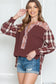 Dark Blue Floral Plaid Mixed Patchwork Bishop Sleeve Top