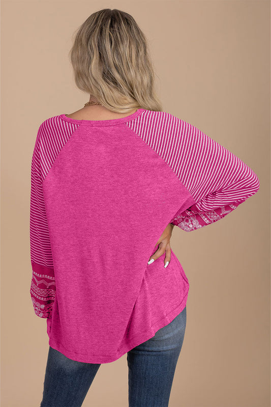 Pink Contrast Print Striped Raglan Long Sleeve Loose Top