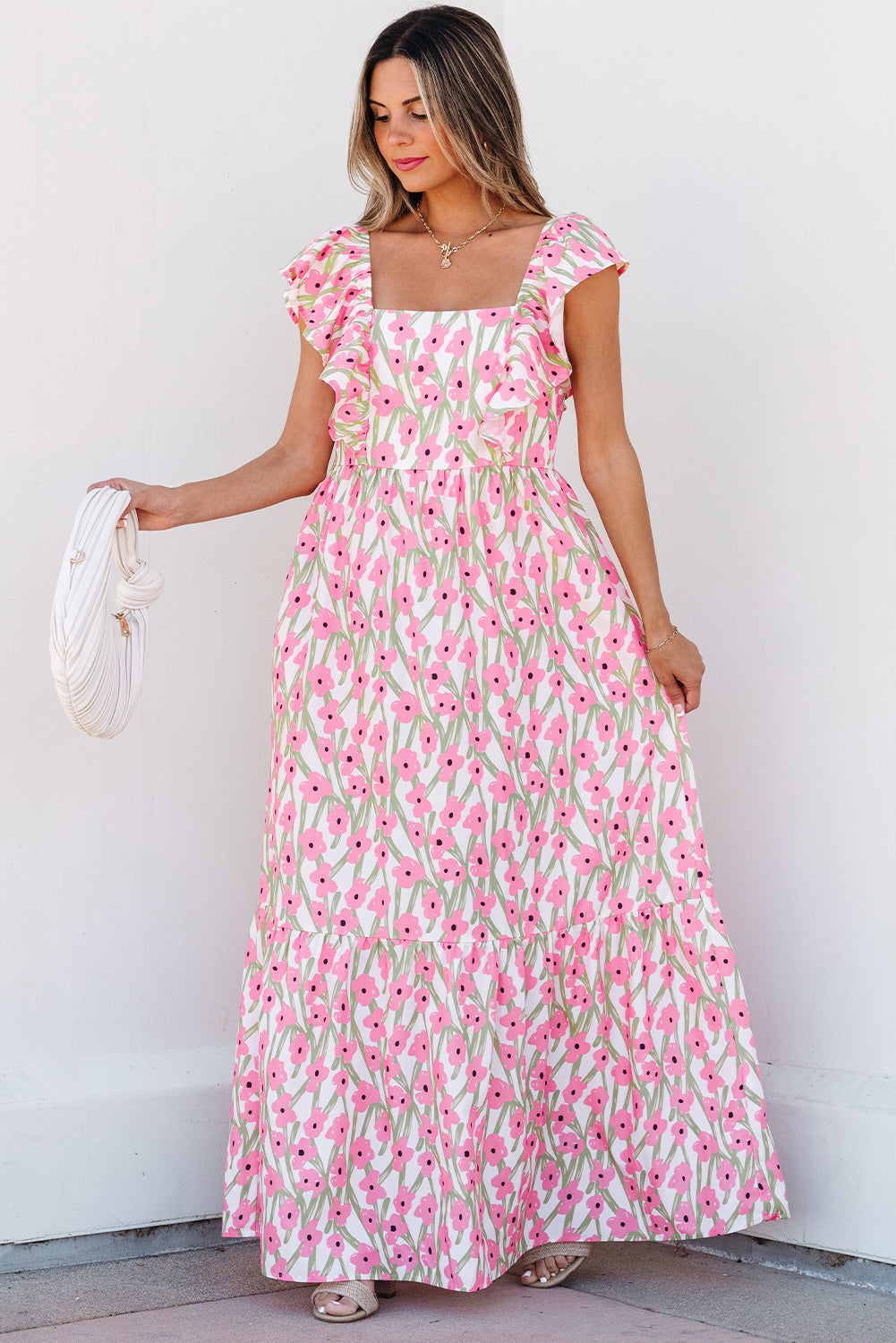 Pink Floral Ruffle Strap Maxi Dress – Cottagecore Square Neckline