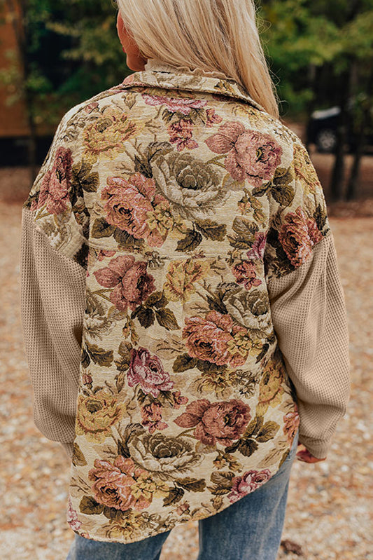 Floral Waffle Knit Patchwork Chest Pockets Buttoned Jacket