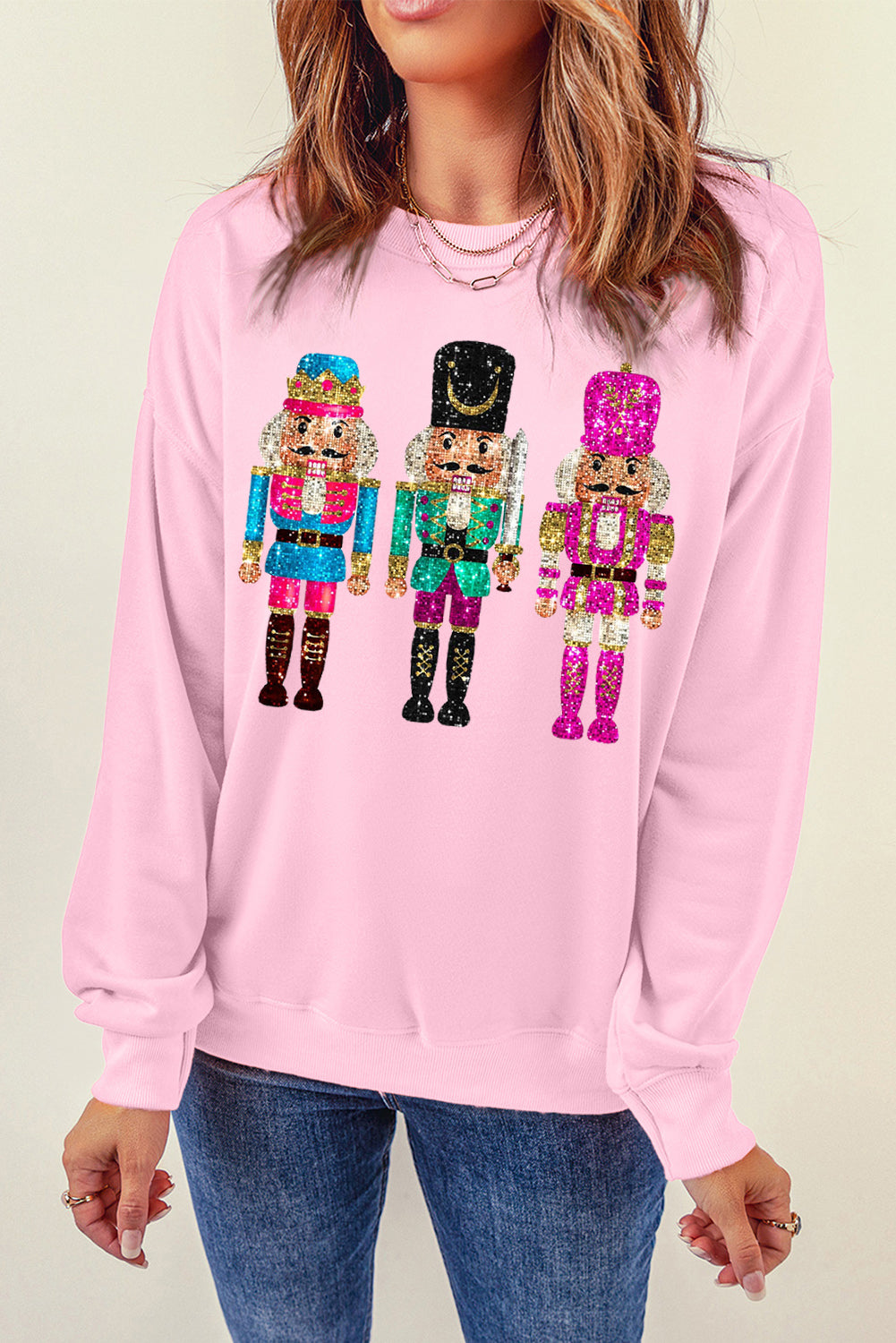 Pink Cute Nutcracker Printed Graphic Drop Shoulder Christmas Sweatshirt