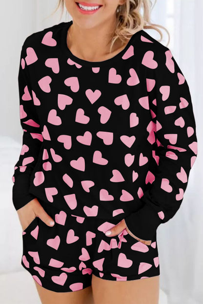 Black Heart Shape Print Long Sleeve Top and Shorts Loungewear Set