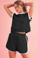 Black Textured Contrast Trim Tee & Drawstring Shorts Set