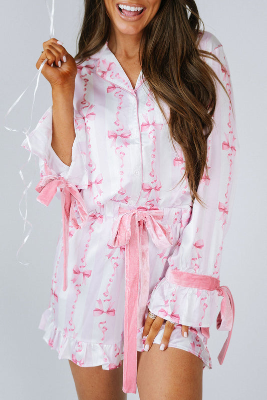 Pink Bow Print Bell Sleeve Shirt and Ruffle Hem Shorts Pajama Set