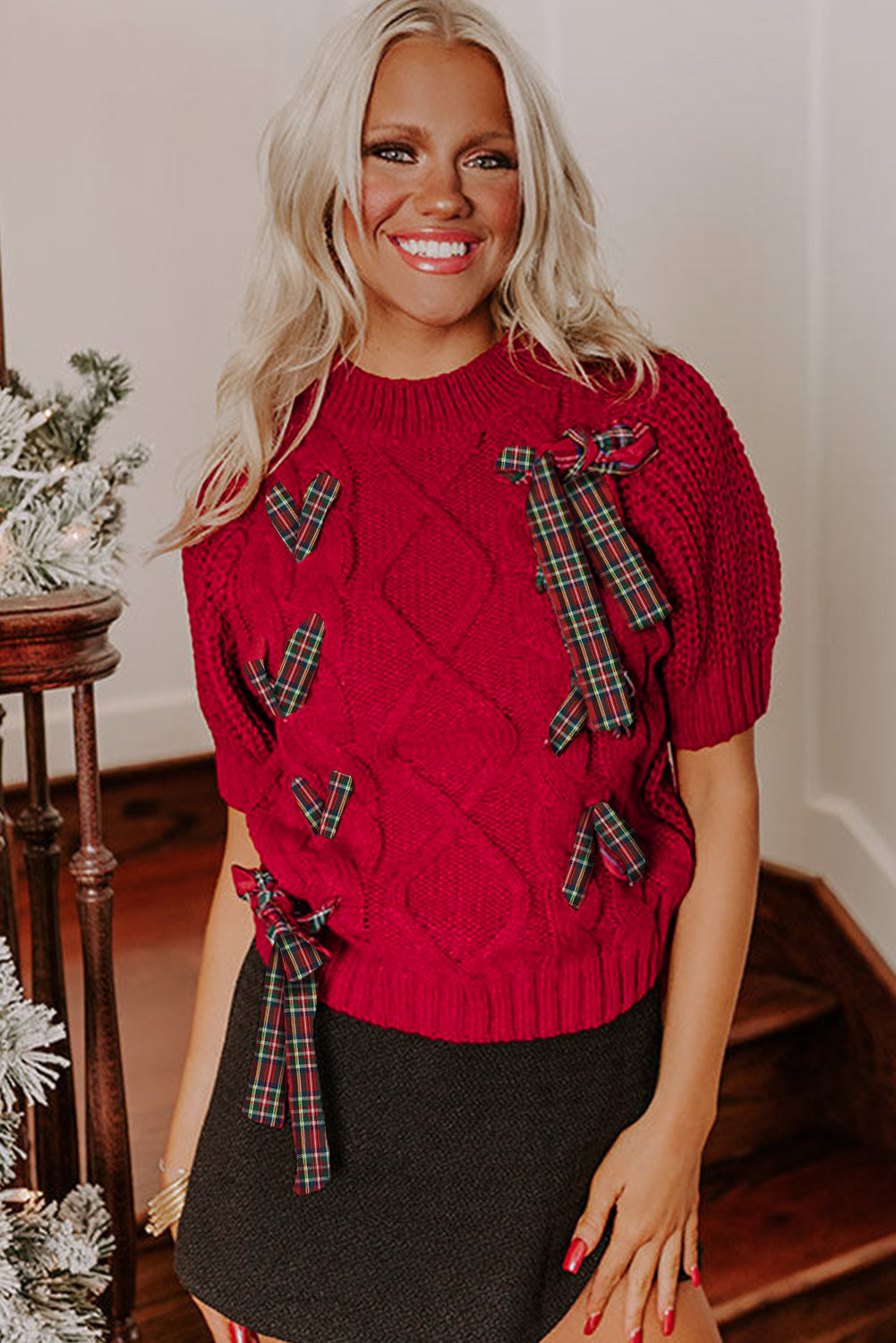 Red Plaid Lace-Up Detail Christmas Holiday Puff Short Sleeve Sweater