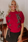 Red Plaid Lace-Up Detail Christmas Holiday Puff Short Sleeve Sweater