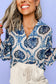 Blue Ethnic Print Button V Neck Loose Shirt