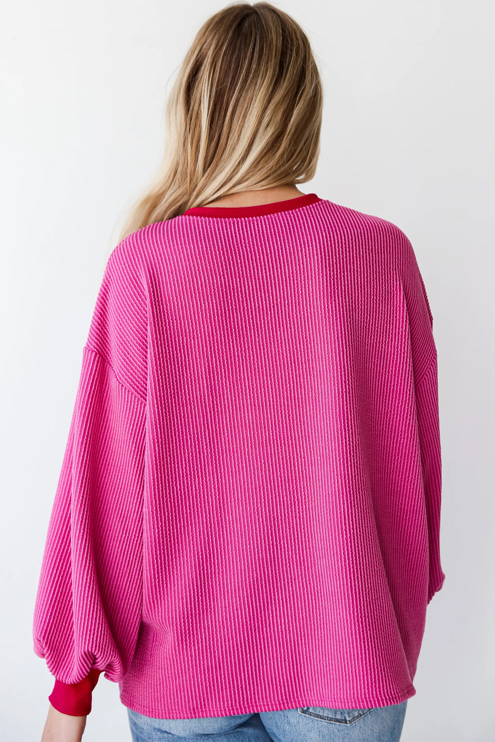 Bright Pink Corded Contrast Edge Drop Shoulder Sweatshirt