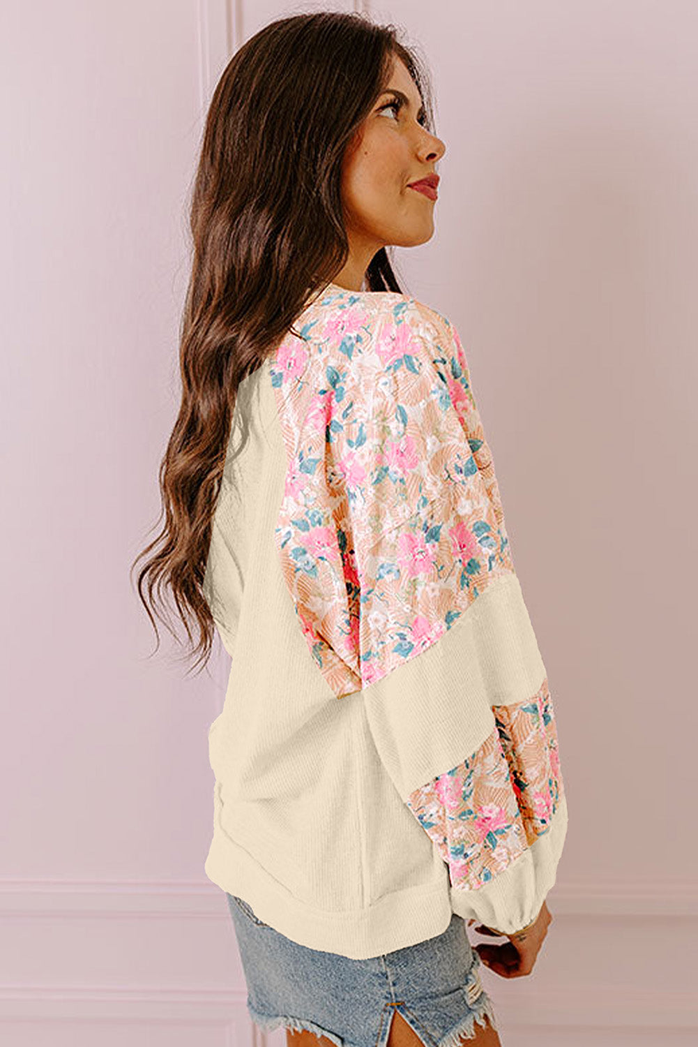 Apricot Crinkle Rib Floral Patchwork Balloon Sleeve Top