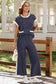 Navy Blue Color Block Pocketed T-Shirt and Wide Leg Pants Set