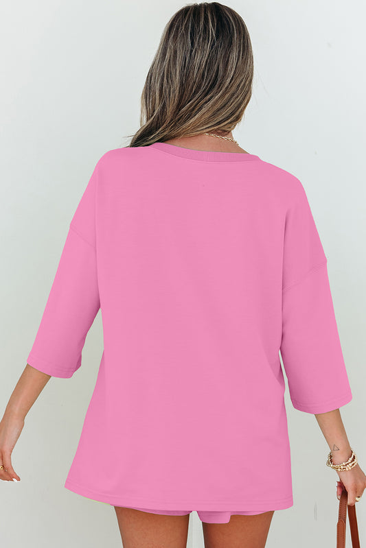Pink Solid Loose V Neck Half Sleeve Tee and Shorts