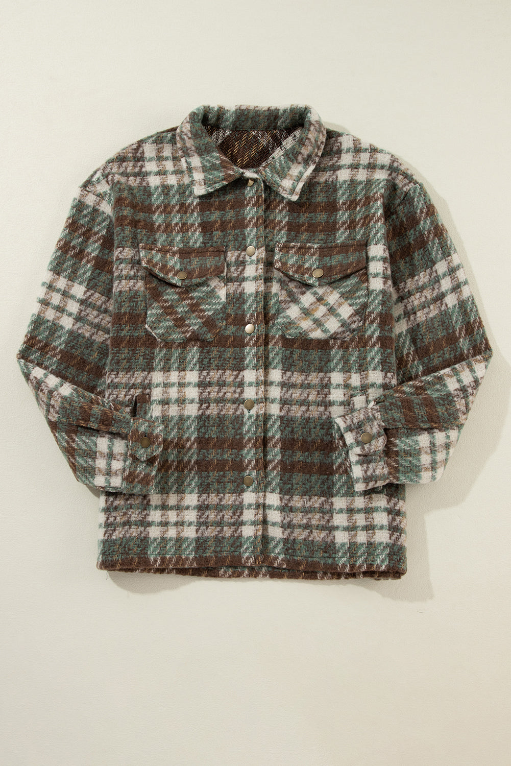 Mist Green Plaid Print Chest Pockets Turn Down Collar Shacket