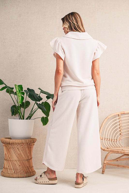 Ivory Textured Ruffle Sleeve Zip Top & Wide-Leg Pants Set