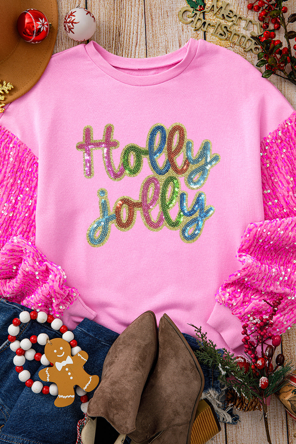 Pink Holly Jolly Sequins Patch Drop Shoulder Patchwork Long Sleeve Top