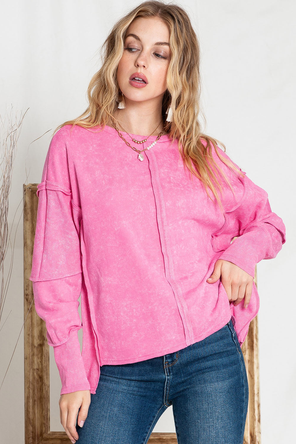 Rose Drop Sleeve Exposed Seam Pullover Sweatshirt