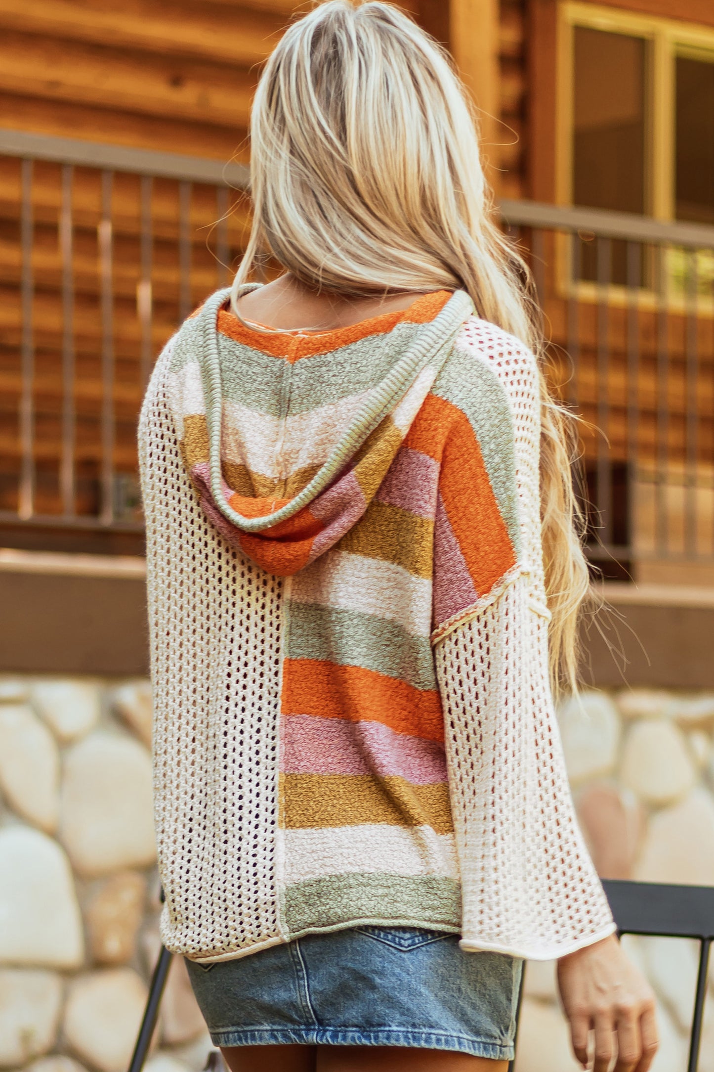 Beige Oversized Colorblock V-Neck Hooded Sweater