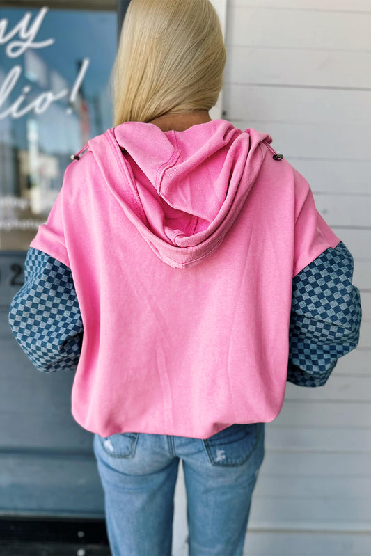 Pink & Checkered Patchwork Pocket Half Zipper Hoodie