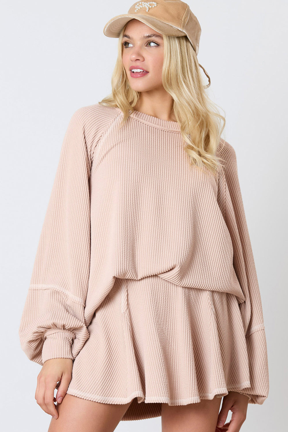 Corded Lantern Sleeve Pullover and Ruffle Mini Skirt Set