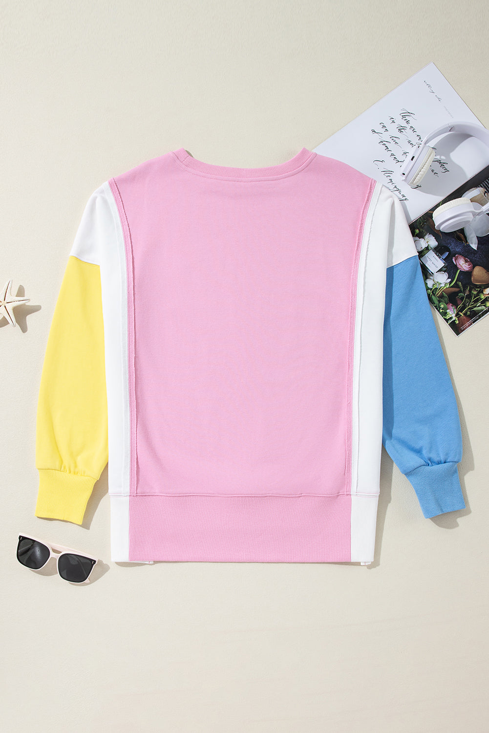 Bonbon Color Block Exposed Seam Patchwork Side Slits Sweatshirt