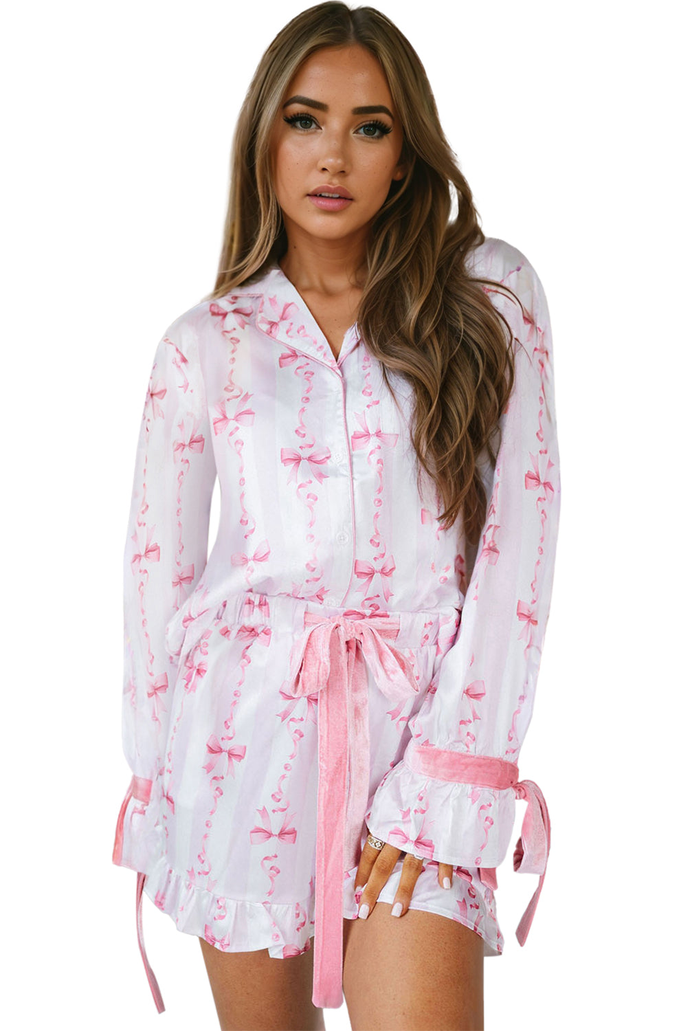 Pink Bow Print Bell Sleeve Shirt and Ruffle Hem Shorts Pajama Set