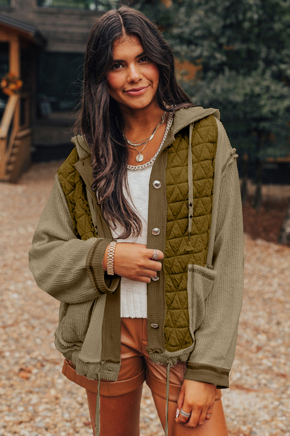 Beige Quilted Textured Patchwork Hooded Jacket