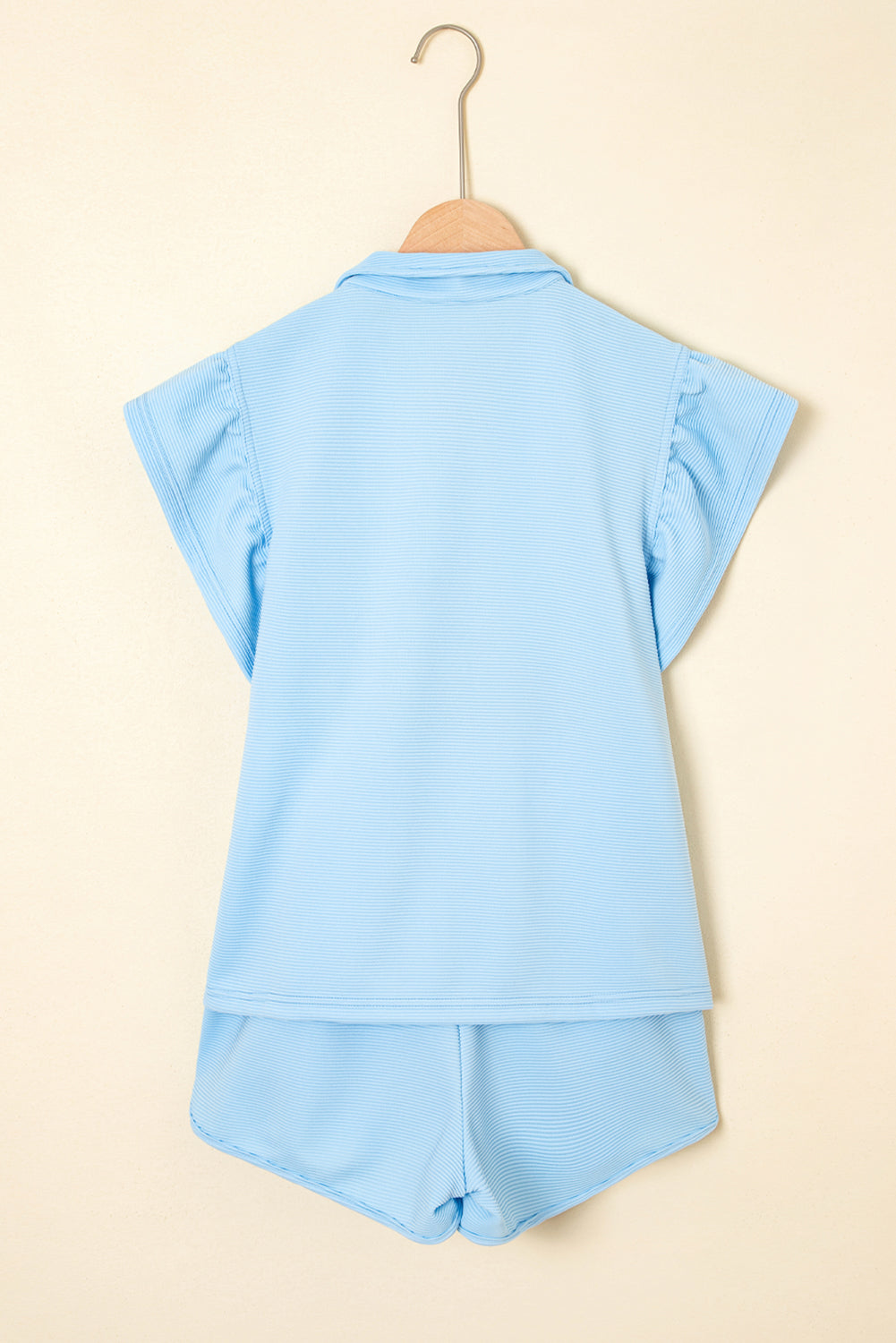 Blue Striped Detail Flutter Sleeve Zipped Collar Short Set
