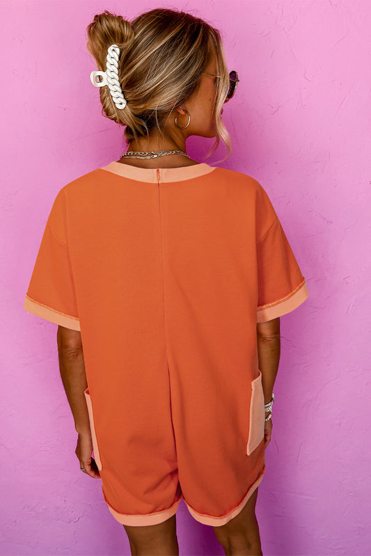 Orange Two-tone Short Sleeve V-Neck Patched Pocket Loose Romper