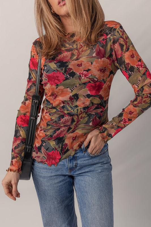 Multicolor Floral Print Lettuce Trim Long Sleeve Mesh Top