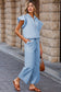 Beau Blue Textured Ruffled Sleeve Zipped Top and Wide Leg Pants Set