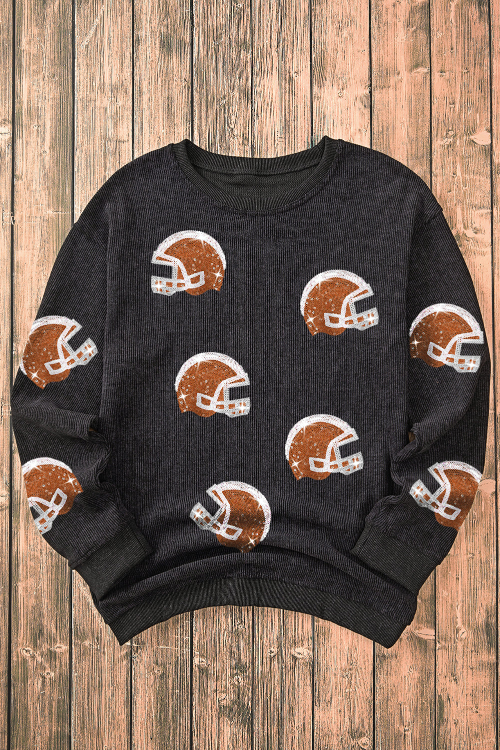 Black Sequin Rugby Helmet Patched Pattern Corded Sweatshirt