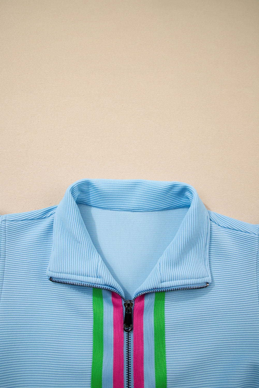 Blue Striped Detail Flutter Sleeve Zipped Collar Short Set