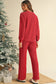 Fiery Red Crinkle Rib Jolly Pattern Long Sleeve Top and Pockets Pants Set