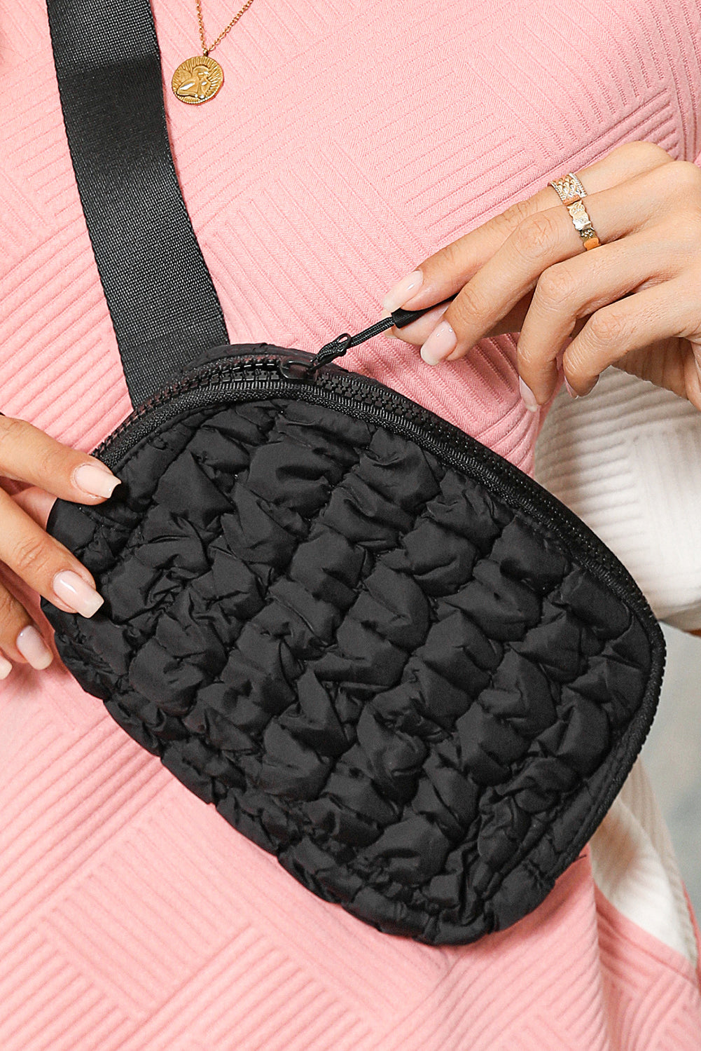 Black Quilted Puffer Buckle Strap Crossbody Bag