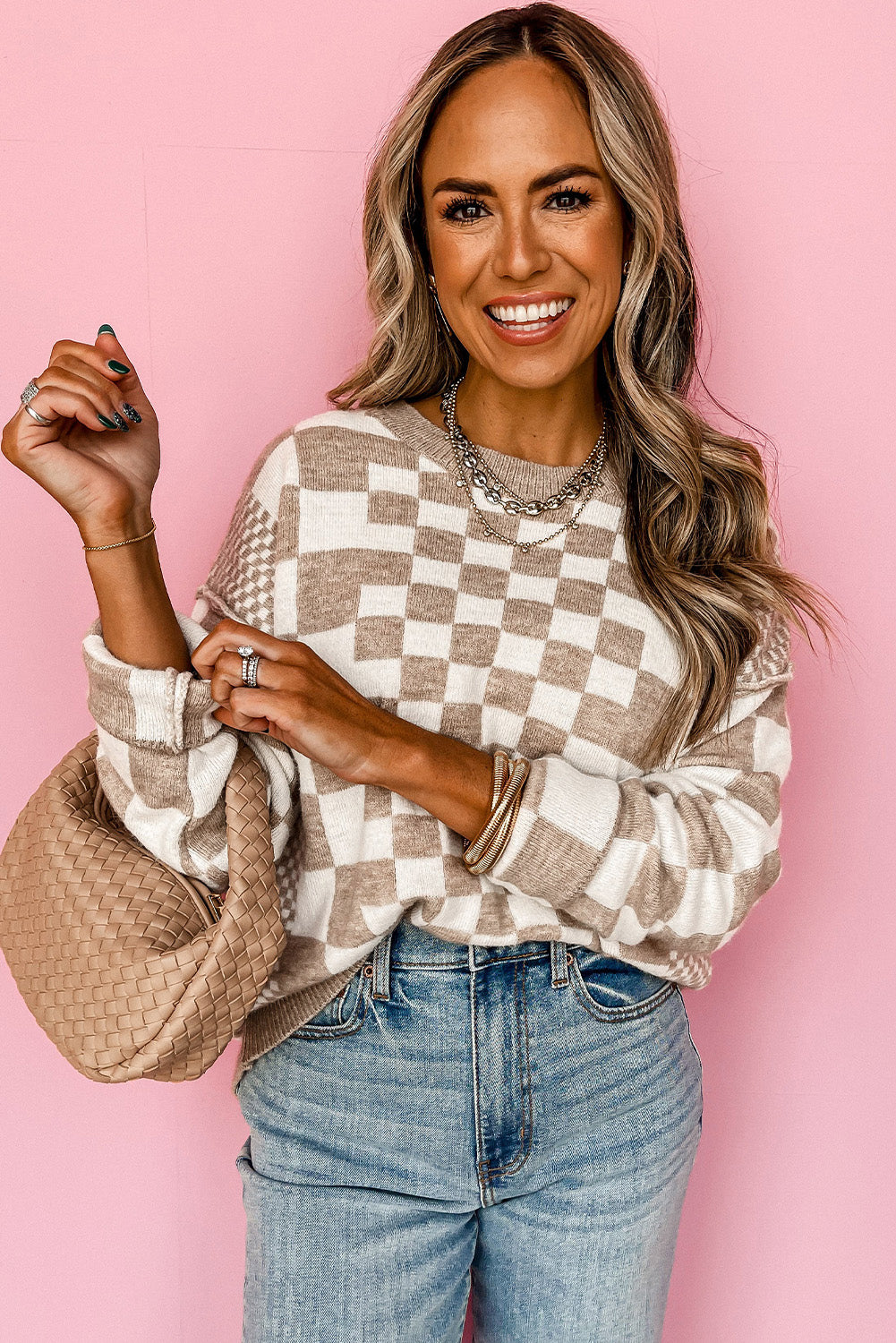 Brown Checkered Drop Shoulder Round Neck Sweater