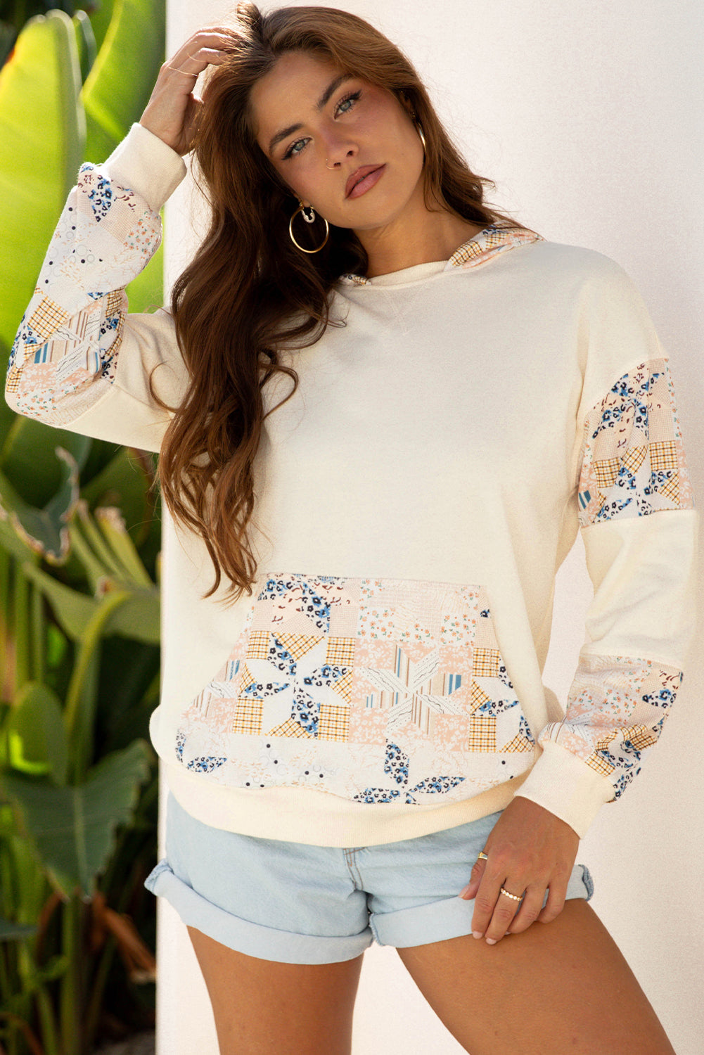 Beige Geo Pattern Patchwork Hoodie with Kangaroo Pocket