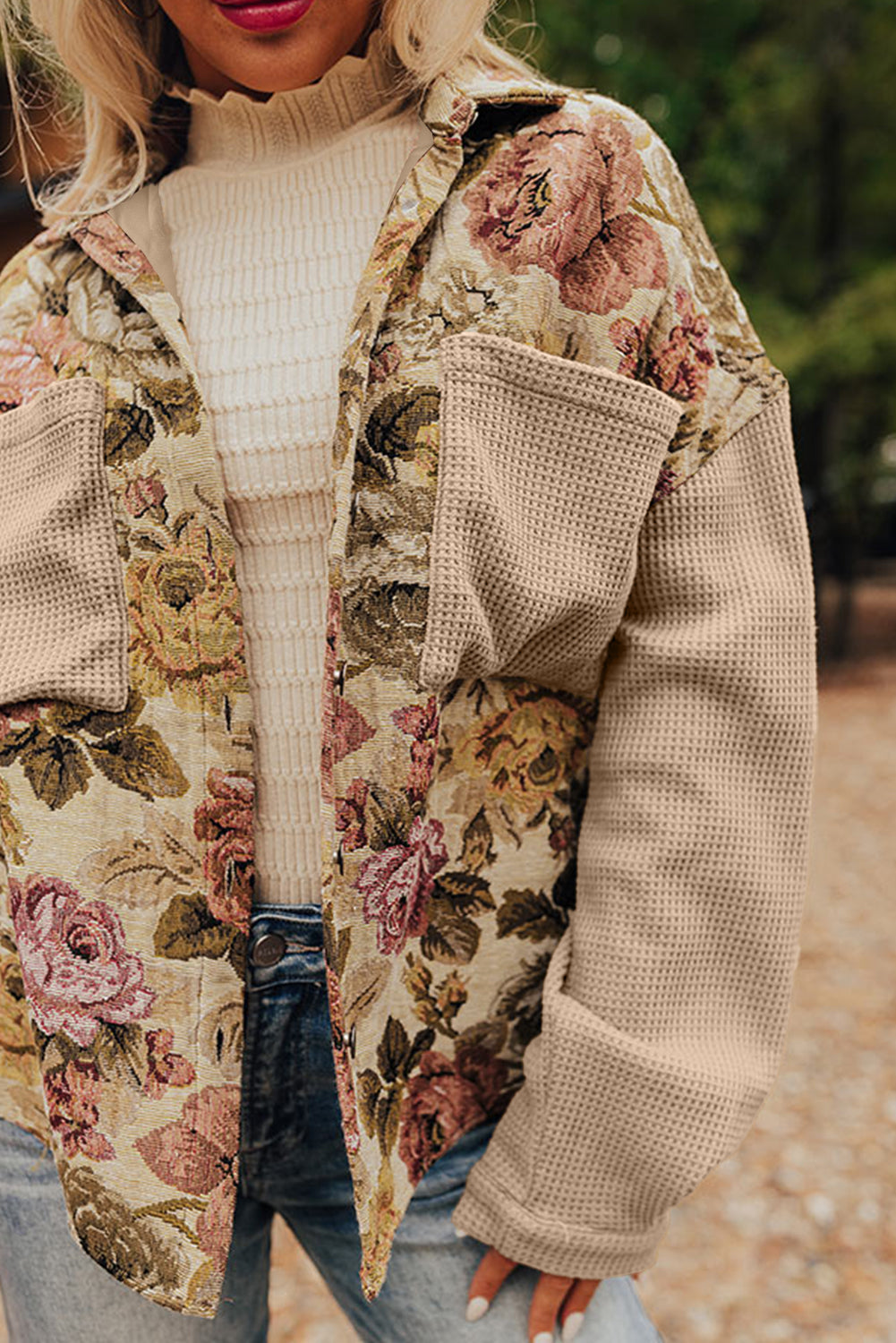 Floral Waffle Knit Patchwork Chest Pockets Buttoned Jacket