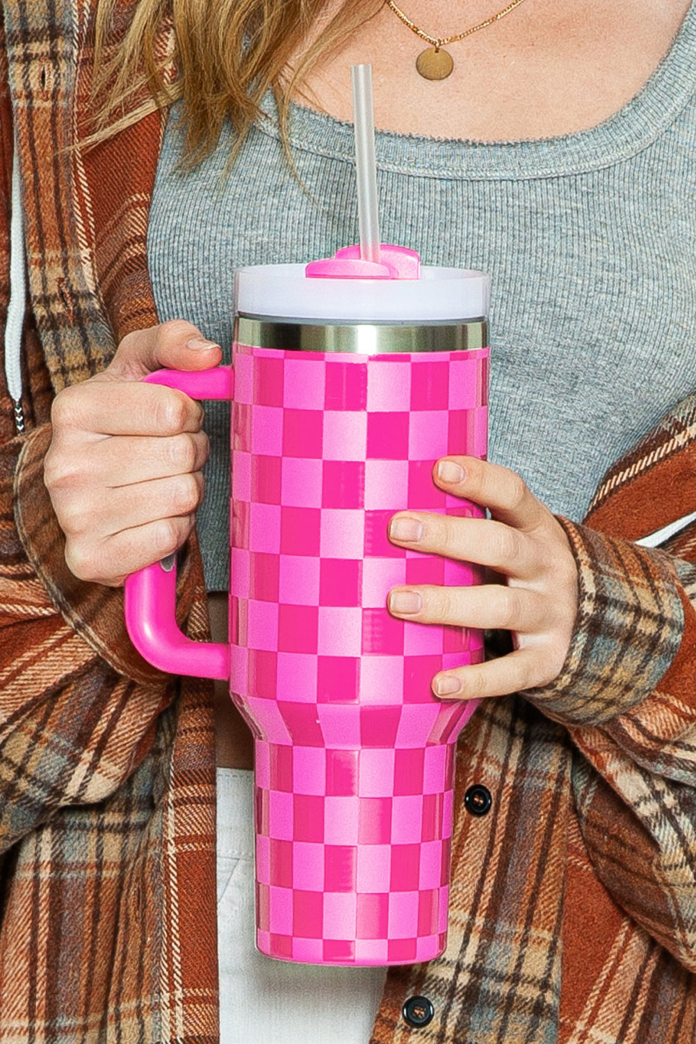 Black Checkered Print Handled Stainless Steel Tumbler Cup