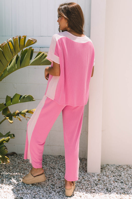 Sachet Pink Dual Tone Colorblock Patchwork Corded Two Piece Outfit