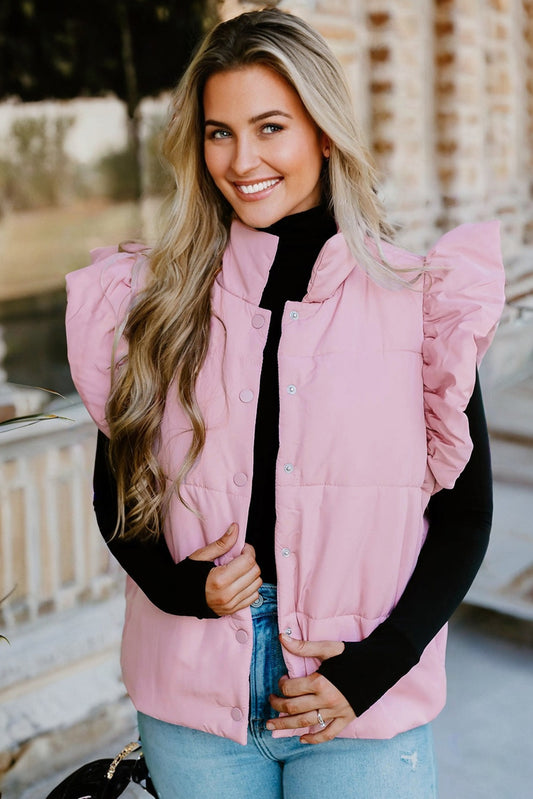 Pink Flutter Sleeve Snap Button Puffer Vest