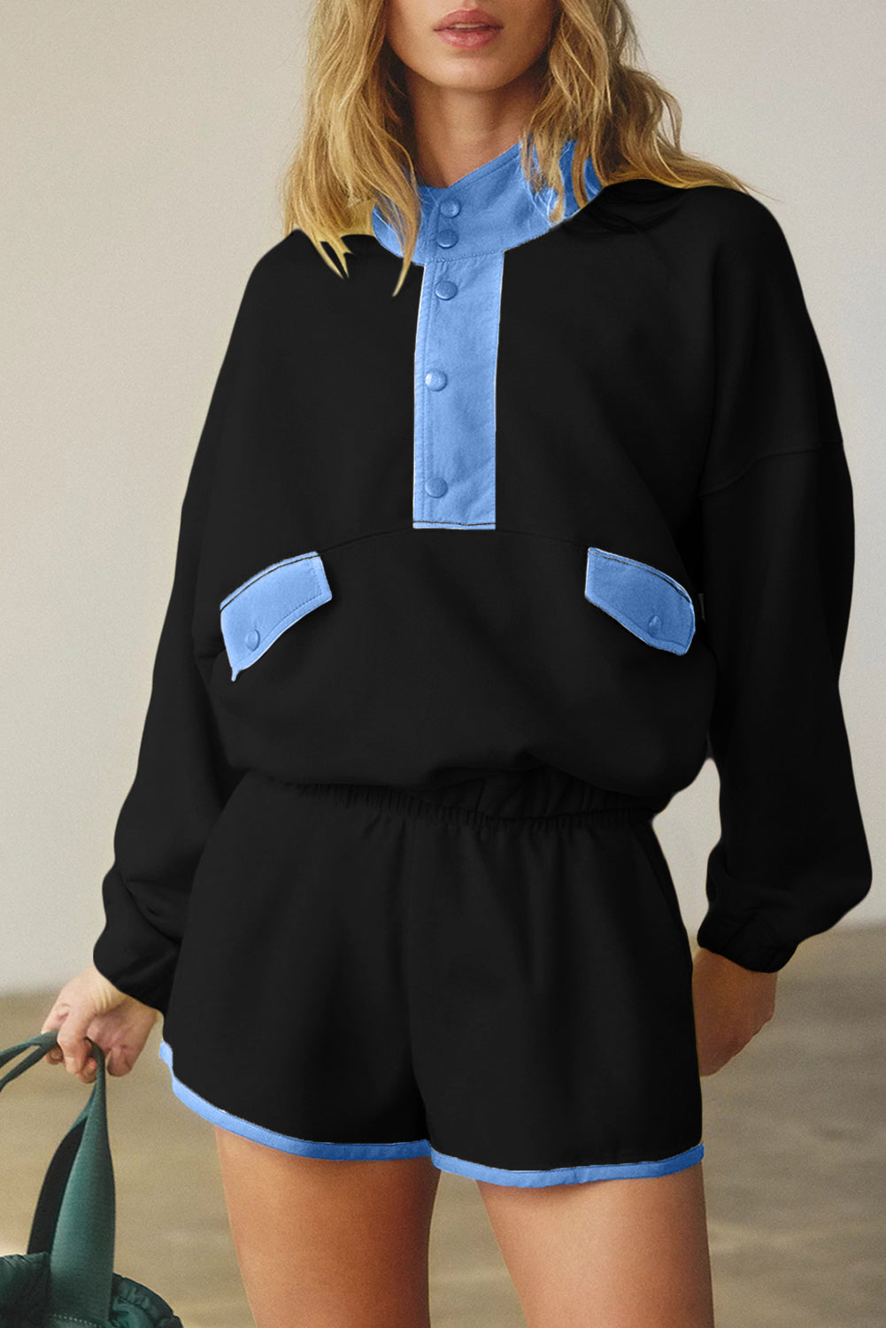 Black Colorblock Patchwork Half Button Pullover and Shorts Outfit