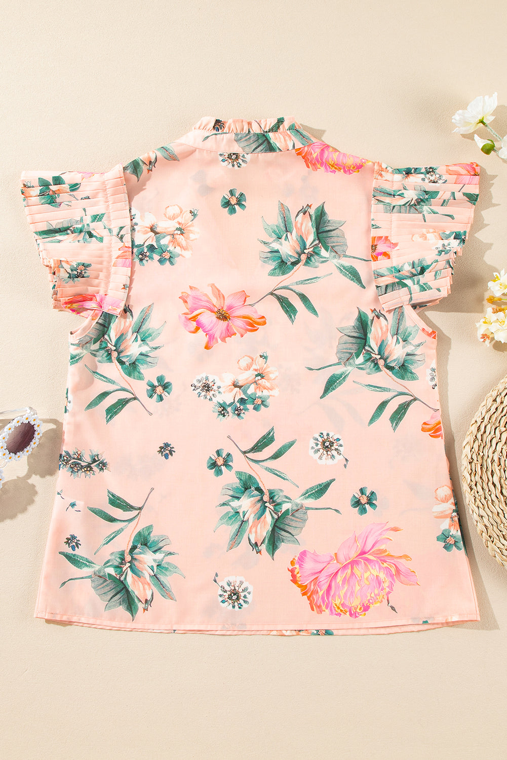 Pink Floral Print Frill V-Neck Pleated Sleeve Blouse