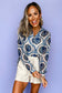 Blue Ethnic Print Button V Neck Loose Shirt