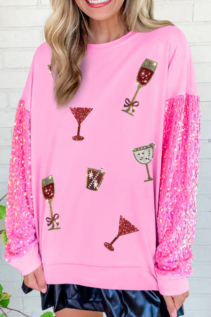 Pink Shiny Goblet Graphic Drop Shoulder Sequin Sleeve Top