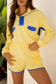 Yellow Color Block Patchwork Half Button Pullover and Shorts Two Piece Outfit