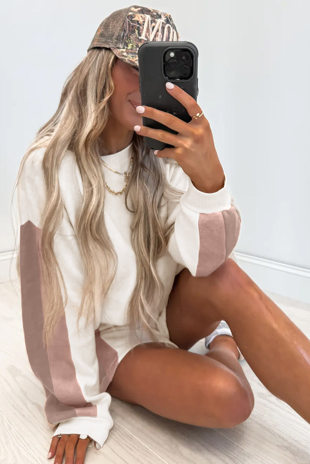 White Color Block Patchwork Drop Shoulder Pullover Casual Shorts Two Piece Outfit