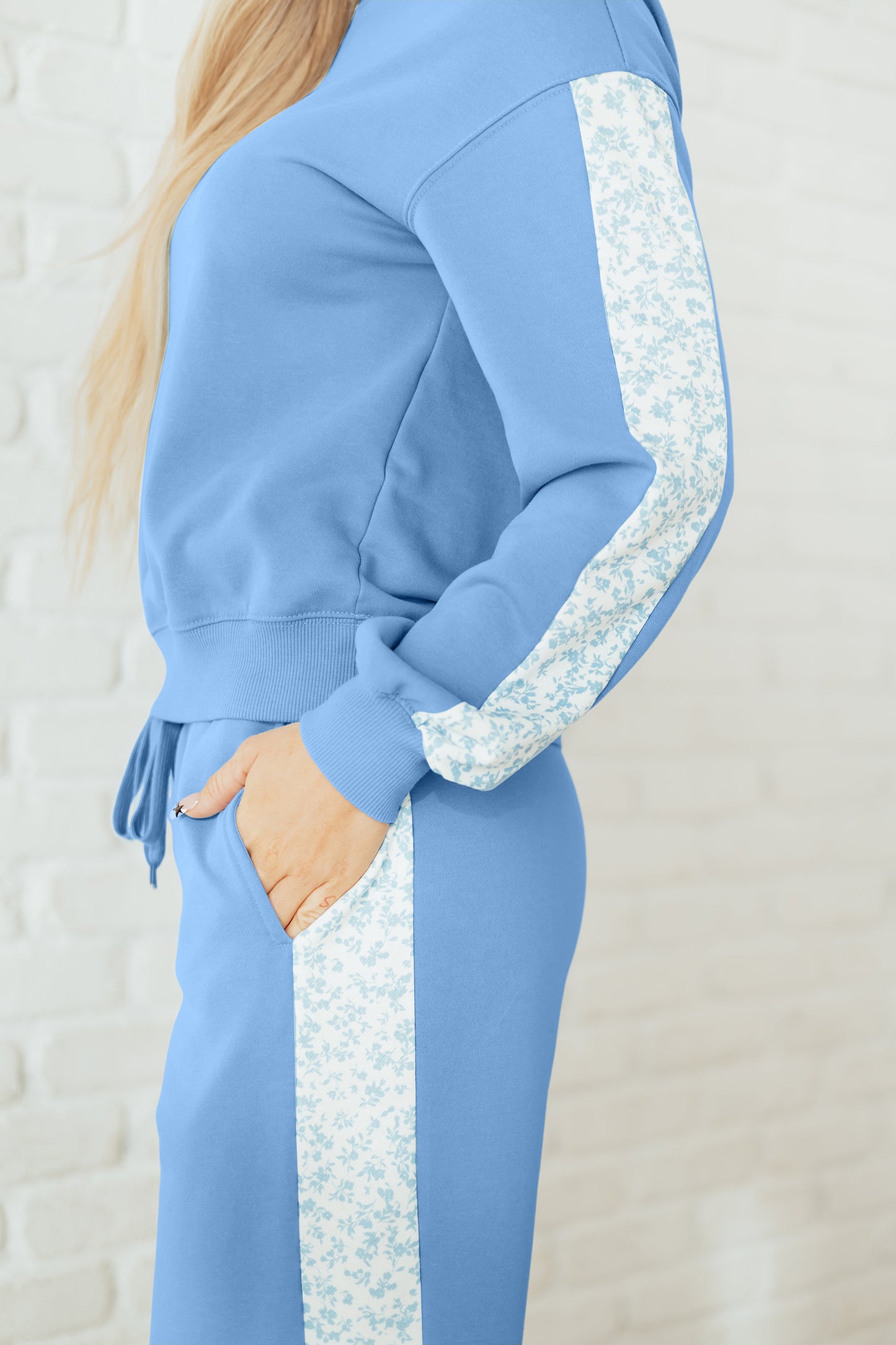 Blue Floral Patchwork Drop Shoulder Pullover and Sweatpants Lounge Set