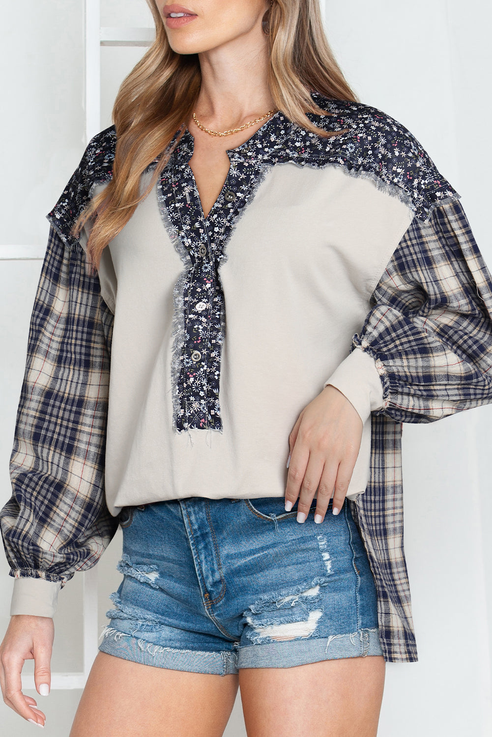 Dark Blue Floral Plaid Mixed Patchwork Bishop Sleeve Top