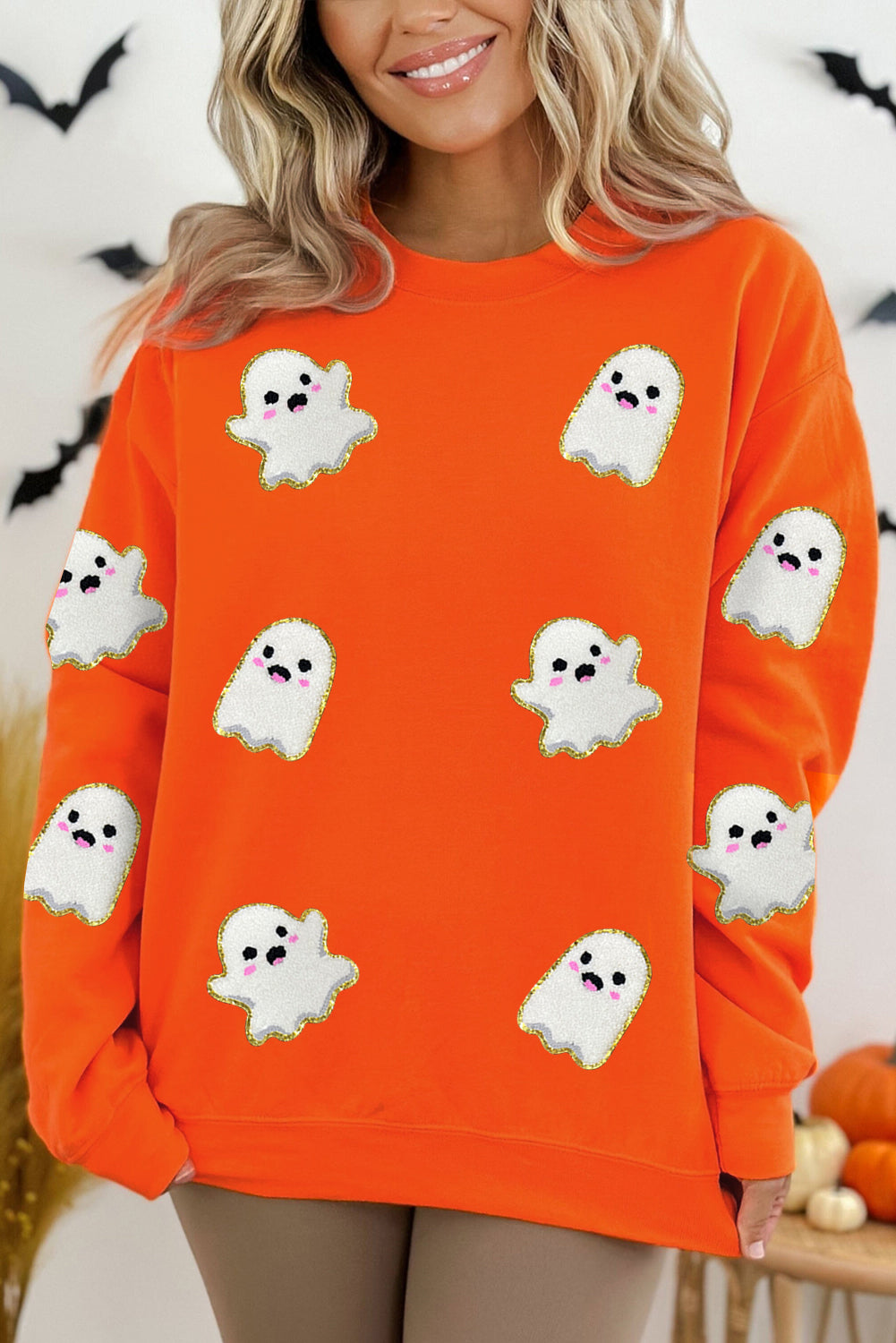 Orange Halloween Ghost Cute Patched Holiday Sweatshirt
